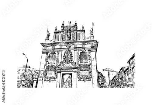 Building view with landmark of Braga is a city in the far north of Portugal. Hand drawn sketch illustration in vector.