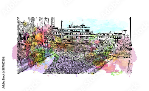 Building view with landmark of Braga is a city in the far north of Portugal. Watercolor splash with hand drawn sketch illustration in vector.