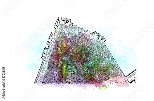 Building view with landmark of Braga is a city in the far north of Portugal. Watercolor splash with hand drawn sketch illustration in vector.