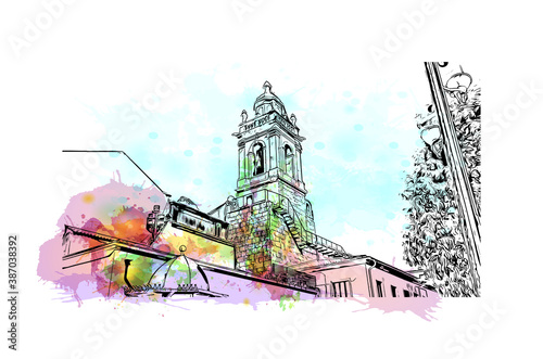 Building view with landmark of Braga is a city in the far north of Portugal. Watercolor splash with hand drawn sketch illustration in vector.