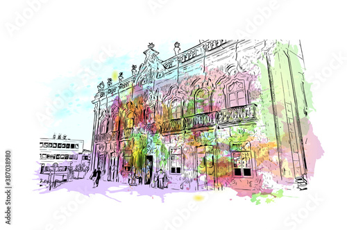 Building view with landmark of Braga is a city in the far north of Portugal. Watercolor splash with hand drawn sketch illustration in vector.