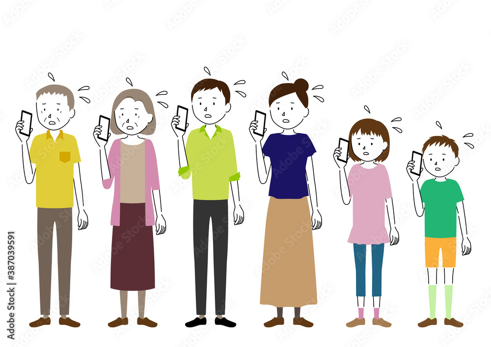Illustration set of a person who is upset while talking on a smartphone (three generation family) Illustration set of a person who is upset while talking on a smartphone (three generation family)