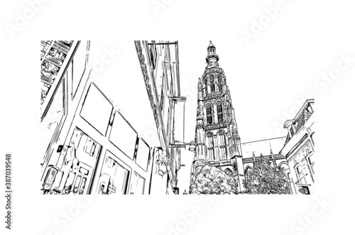 Building view with landmark of Breda is a city and municipality in the southern part of the Netherlands. Hand drawn sketch illustration in vector.