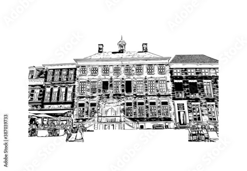 Building view with landmark of Breda is a city and municipality in the southern part of the Netherlands. Hand drawn sketch illustration in vector.