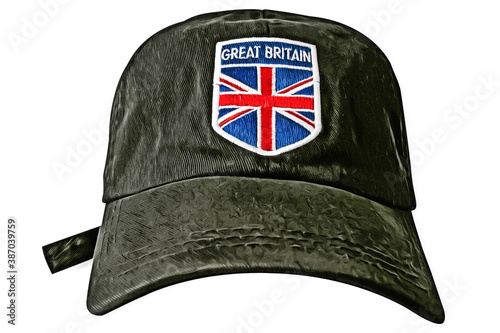 A black baseball cap with British flag on white background, isolated.