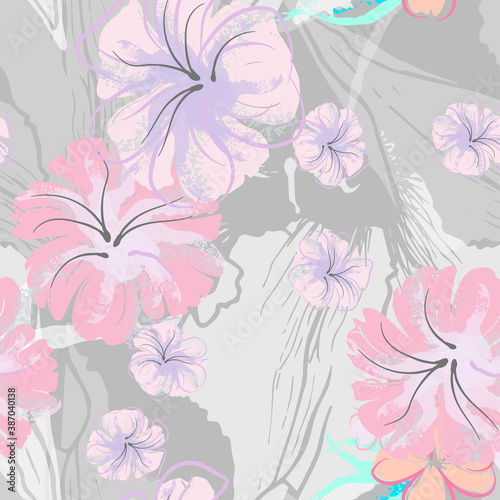 Pink Flowers Blooming Pattern. Pastel Watercolor.