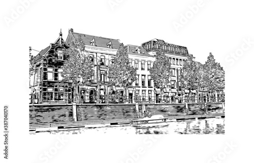 Building view with landmark of Breda is a city and municipality in the southern part of the Netherlands. Hand drawn sketch illustration in vector.