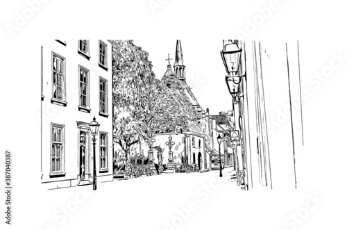 Building view with landmark of Breda is a city and municipality in the southern part of the Netherlands. Hand drawn sketch illustration in vector.
