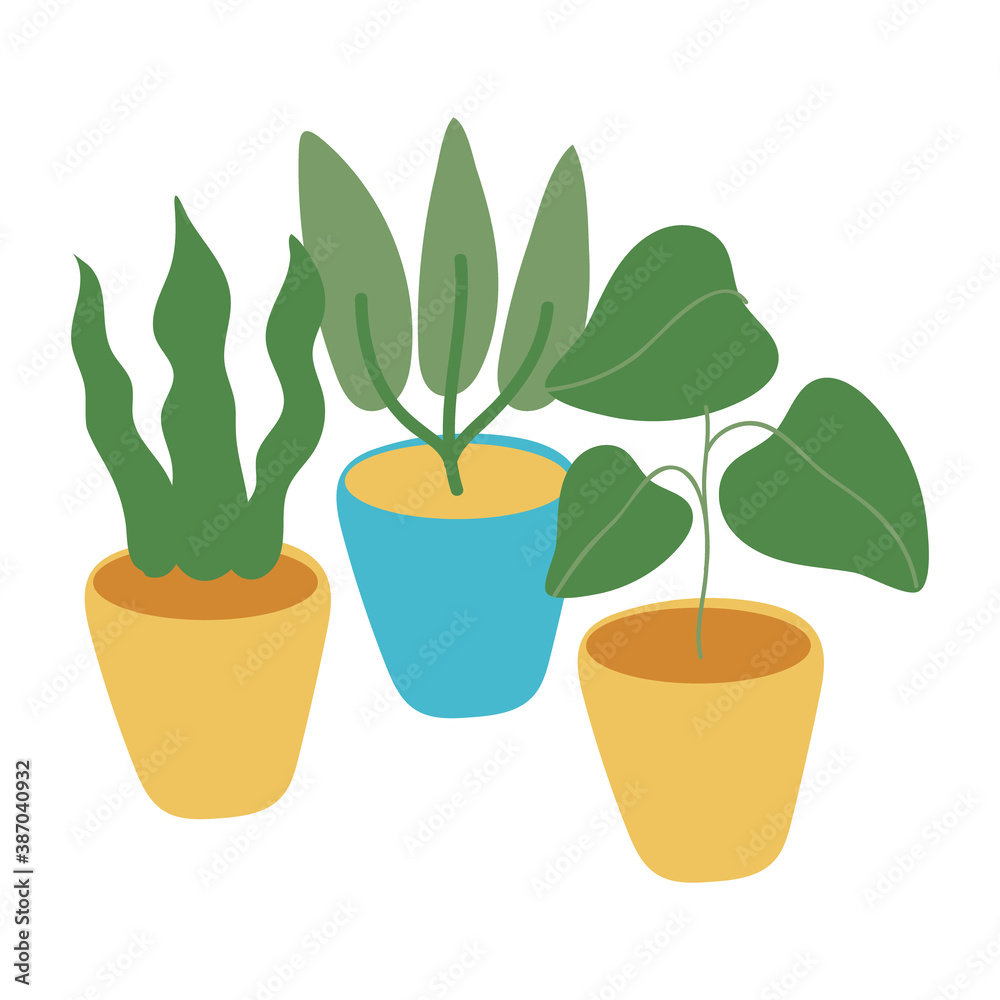 Fototapeta premium houseplants in ceramic pots isolated icons