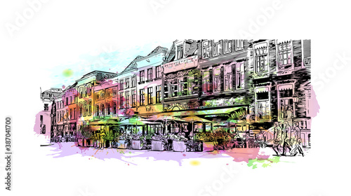 Building view with landmark of Breda is a city and municipality in the southern part of the Netherlands. Watercolor splash with hand drawn sketch illustration in vector.