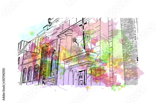 Building view with landmark of Breda is a city and municipality in the southern part of the Netherlands. Watercolor splash with hand drawn sketch illustration in vector.
