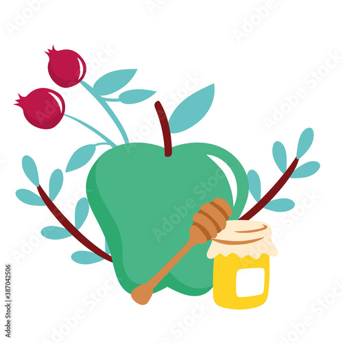 apple and cherries with honey jar