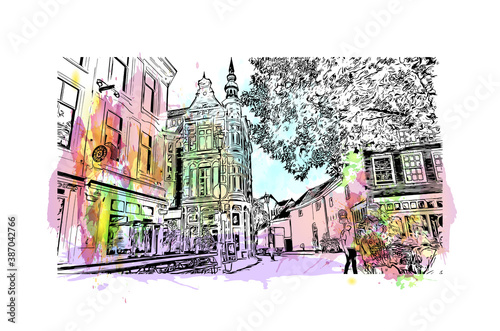 Building view with landmark of Breda is a city and municipality in the southern part of the Netherlands. Watercolor splash with hand drawn sketch illustration in vector.