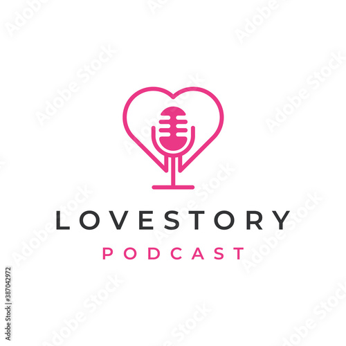 Line art Love heart symbol with microphone for podcast logo design