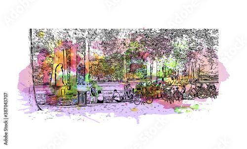 Building view with landmark of Breda is a city and municipality in the southern part of the Netherlands. Watercolor splash with hand drawn sketch illustration in vector.