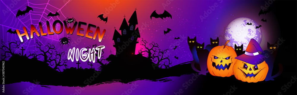 Vector illustration with pumpkins head, sinister castle, bats and text on nightly background with full moon. Halloween night.