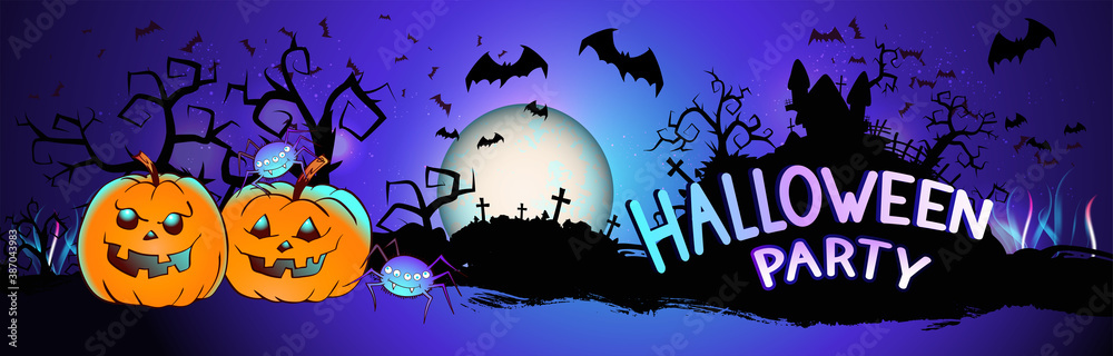 Vector illustration with pumpkins head, sinister castle, cemetery, bats and text on nightly background with full moon. Halloween party.
