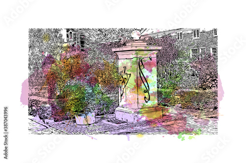 Building view with landmark of Breda is a city and municipality in the southern part of the Netherlands. Watercolor splash with hand drawn sketch illustration in vector.