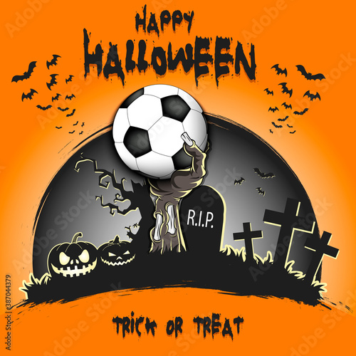 Happy Halloween. Zombie hand from the grave holding a soccer ball. Pumpkins, spooky tree, crosses, coffin and bats. Pattern for banner, poster, party invitation. Vector illustration