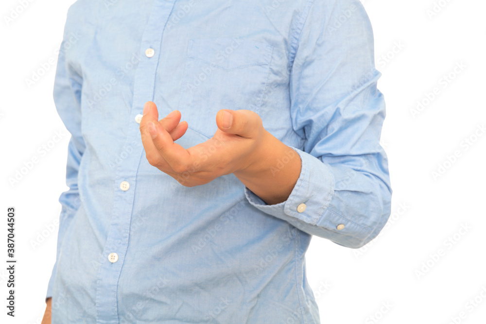 Men in blue shirts with hands up Men in blue shirts with hands up