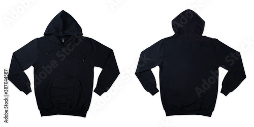 Foto Blank black male hooded sweatshirt long sleeve with clipping path, mens hoody with zipped for your design mockup for print, isolated on white background