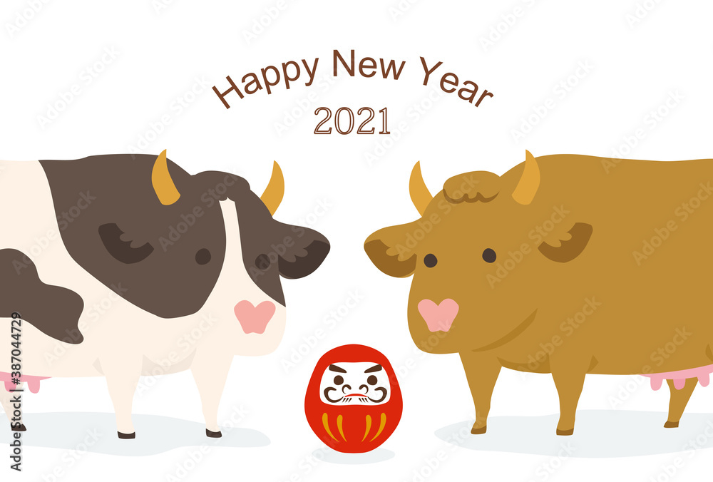 Obraz premium 達磨と牛の年賀状