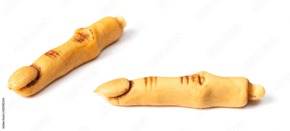 Spooky Halloween witch finger cookies isolated on the white background Spooky Halloween witch finger cookies isolated on the white background