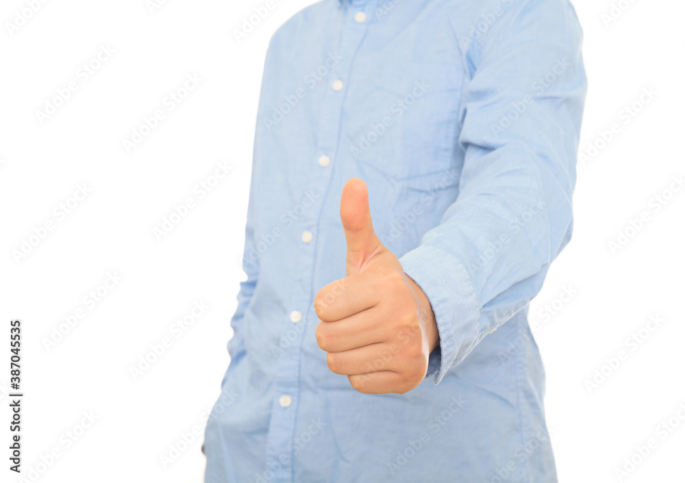 Man in blue shirt reaches for thumbs up