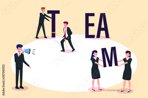 Teamwork vector concept: Business people arrange a team text commanded by male leader