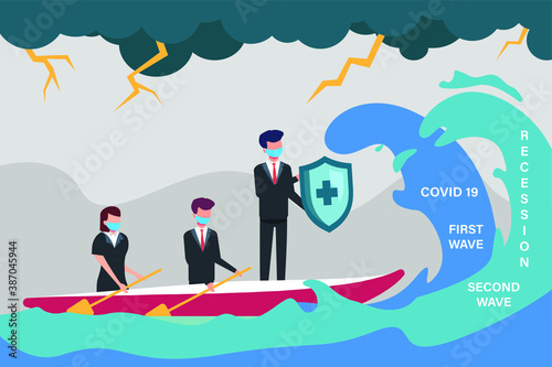 Crisis vector concept: Business team wearing face mask and sailing on the sea facing first wave of coronavirus and second wave of financial recession