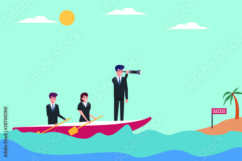 Leadership vector concept: Businessman leading his team to row the boat toward success flag on the island
