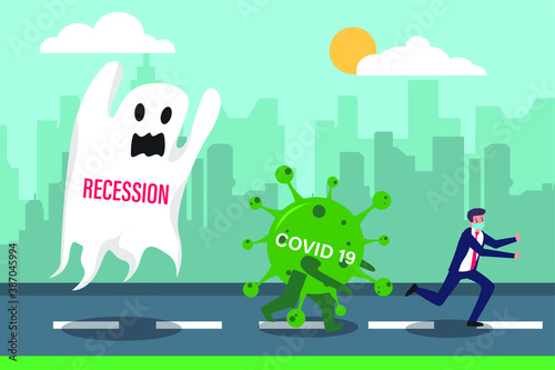 Recession vector concept: Businessman runaway from coronavirus or covid-19 and ghost with recession text