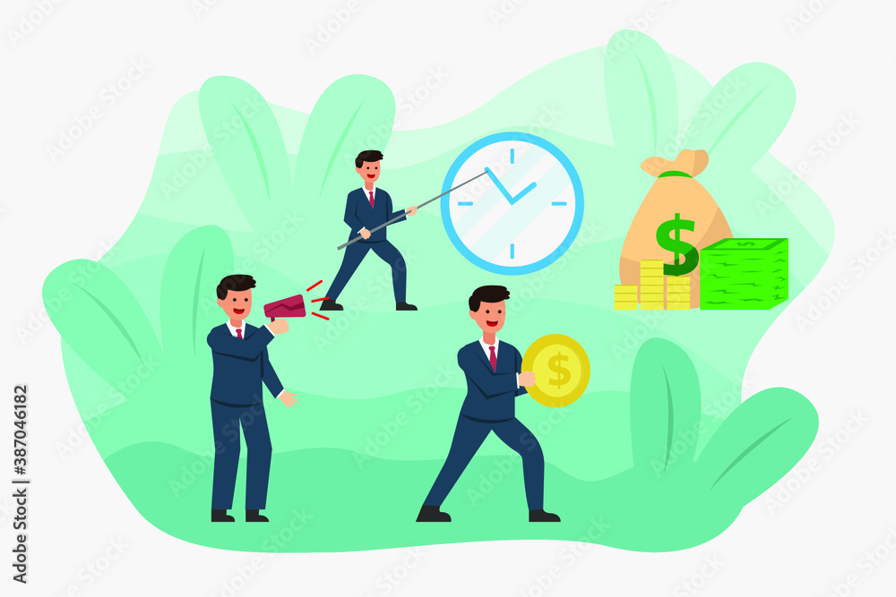 Time is money vector concept: Business people work together to manage clock and money