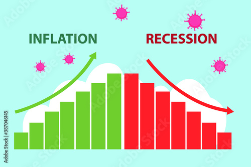 Inflation and Recession vector concept: Growing inflation graph and declining recession graph caused by coronavirus