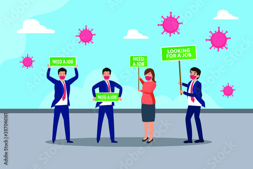 Unemployed vector concept: Group of unemployed business people wearing face mask and holding Need a Job text with coronavirus background