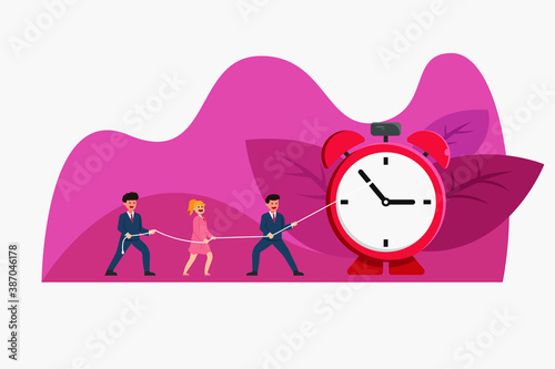 Time management vector concept: Business team controlling alarm clock to make the time more efficient