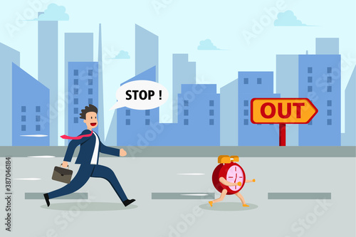 Time is running out vector concept: Businessman chasing alarm clock to signpost with out text