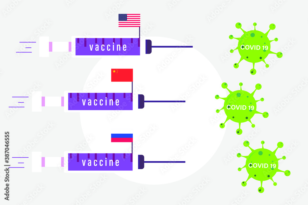 Corona virus vector concept: Vaccine is injected to corona virus with country flags