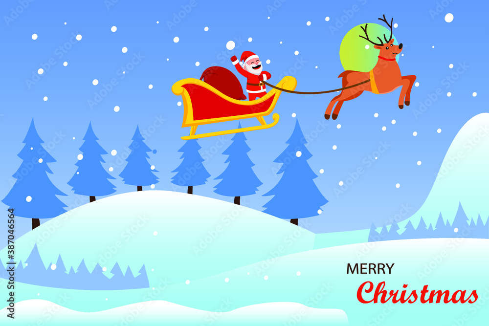 Christmas day vector concept: Santa claus delivering sack of presents while riding on the sleigh