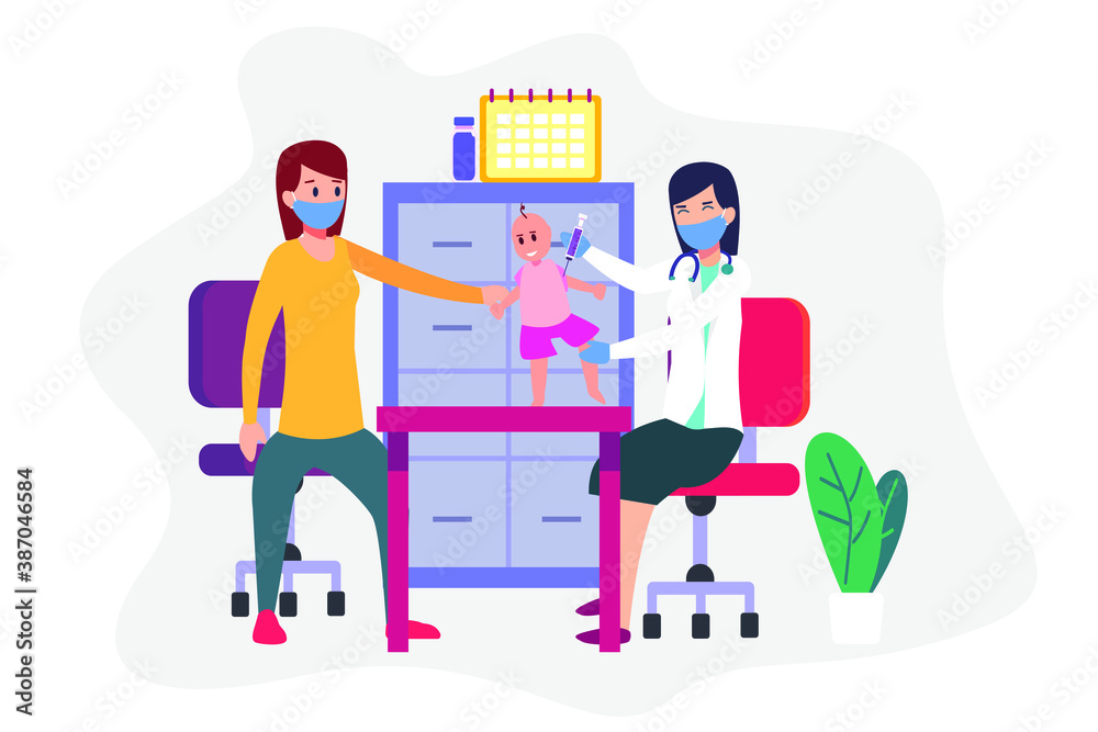 Corona virus vaccine vector concept: Young doctor injects vaccine of corona virus to baby in the clinic