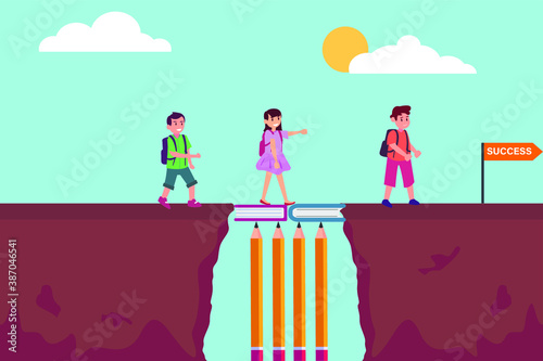 Education vector concept: Students walking on the bridge of books together towards success word