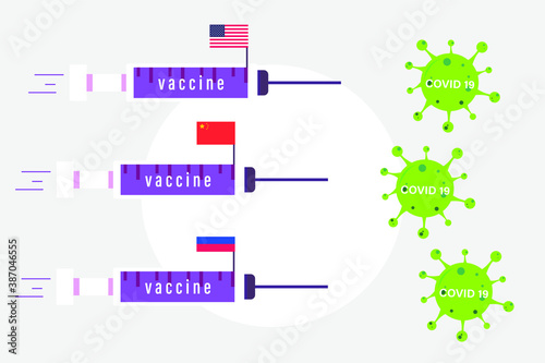 Corona virus vector concept: Vaccine is injected to corona virus with country flags