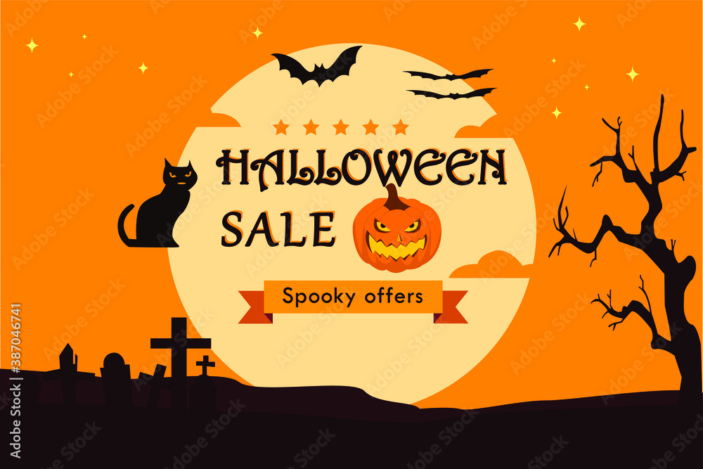 Halloween sale vector concept: Halloween sale text with spooky offers, pumpkin, and cat at graveyard