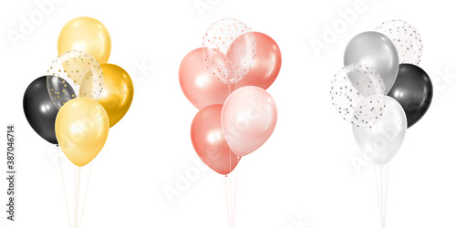 3d vector realistic golden, rose and silver bunches of helium balloons isolated on white background. Decoration element design for birthday, wedding, parties, celebrate festive. Vector illustration