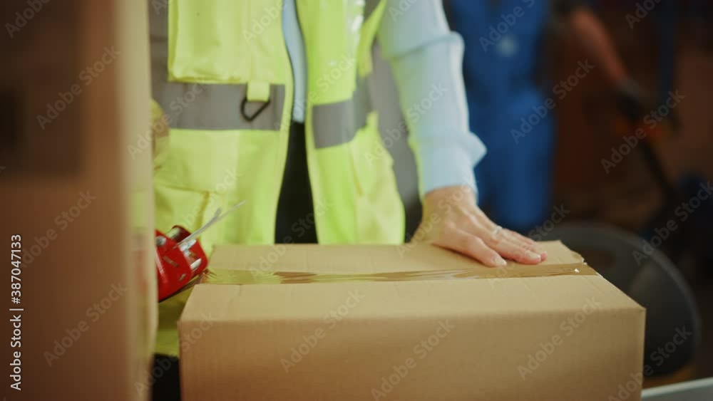 In Retail Warehouse Professional Worker Packing Parcel, Cardboard Box Sealed with Tape Dispenser Ready for Shipment. Delivery and Distribution Center Full of Shelves with Goods. Slow Motion Close-up