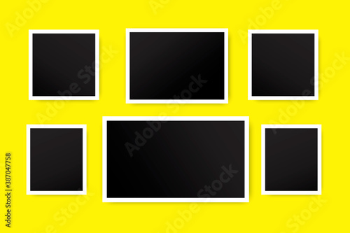 Vector set of black photos on a yellow background. Samples of frames for the album. Vintage blank retro shots. EPS 10.