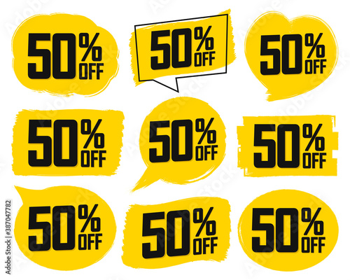 Set Sale 50% off banners, discount tags design template, vector illustration