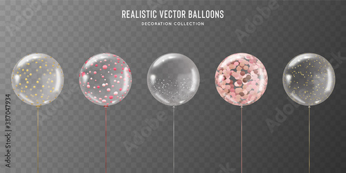 Realistic transparent balloon set with golden, rose, pink and silver confetti inside. Vector balloons illustration for birthday, wedding, parties, celebrate festive. Design template