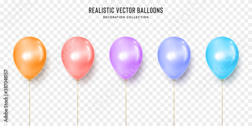 Realistic orange, rose, violet, navy and blue balloon vector illustration on transparent background. Decoration element design for birthday, wedding, parties, celebrate festive. Vector template