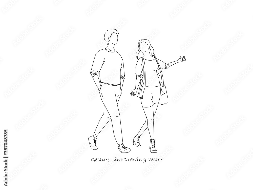 Illustration of people walking when talking. Gesture line drawing vector.